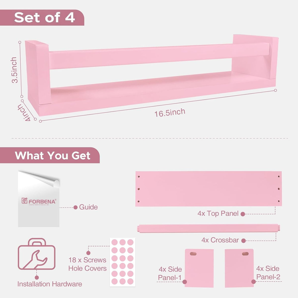 Pink Nursery Floating Shelves for Wall, Small Kids Wall Bookshelf for Baby Toddler Girls Room, Wood Nursery Hanging Book Shelves for Childrens Bedroom Toys Storage Organizer (Set of 4, Pink)