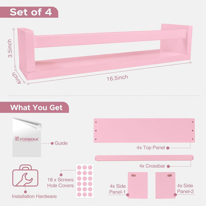 Pink Nursery Floating Shelves for Wall, Small Kids Wall Bookshelf for Baby Toddler Girls Room, Wood Nursery Hanging Book Shelves for Childrens Bedroom Toys Storage Organizer (Set of 4, Pink)