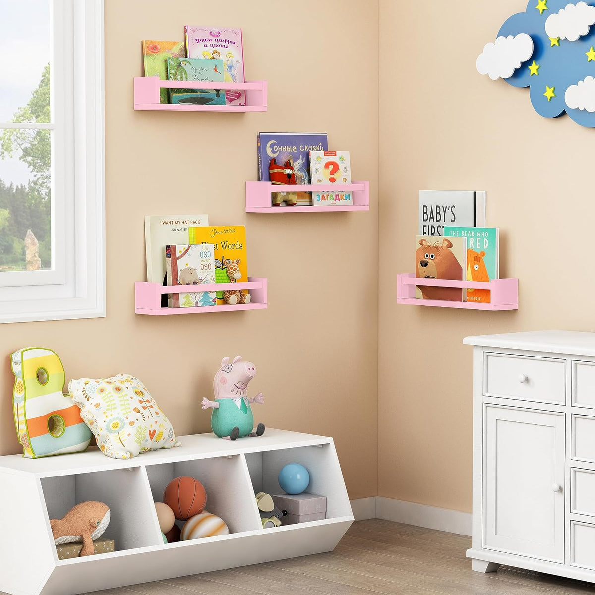 Pink Nursery Floating Shelves for Wall, Small Kids Wall Bookshelf for Baby Toddler Girls Room, Wood Nursery Hanging Book Shelves for Childrens Bedroom Toys Storage Organizer (Set of 4, Pink)
