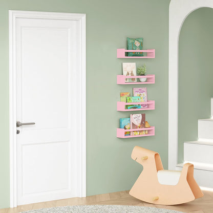 Pink Nursery Floating Shelves for Wall, Small Kids Wall Bookshelf for Baby Toddler Girls Room, Wood Nursery Hanging Book Shelves for Childrens Bedroom Toys Storage Organizer (Set of 4, Pink)