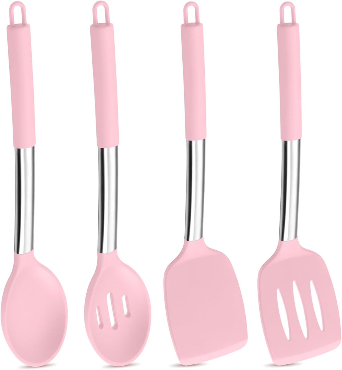 Pink Kitchen Cooking Utensil Set of 4, Slicone Head & Steel Body