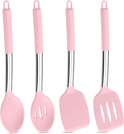 Pink Kitchen Cooking Utensil Set of 4, Slicone Head & Steel Body