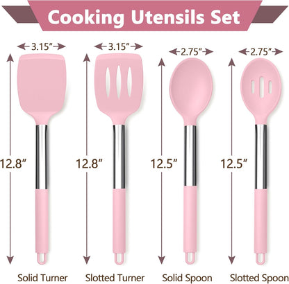 Pink Kitchen Cooking Utensil Set of 4, Slicone Head & Steel Body