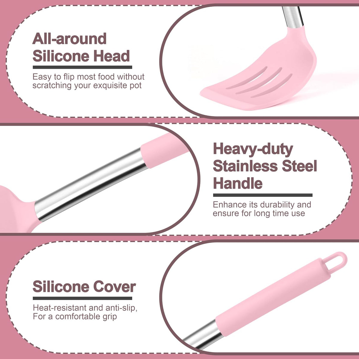 Pink Kitchen Cooking Utensil Set of 4, Slicone Head & Steel Body
