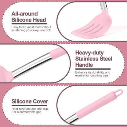 Pink Kitchen Cooking Utensil Set of 4, Slicone Head & Steel Body