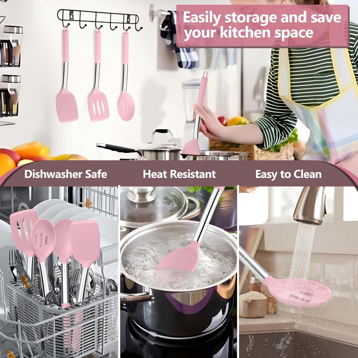 Pink Kitchen Cooking Utensil Set of 4, Slicone Head & Steel Body
