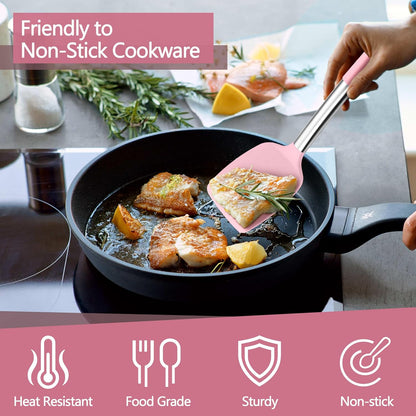 Pink Kitchen Cooking Utensil Set of 4, Slicone Head & Steel Body