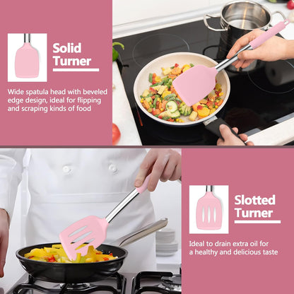 Pink Kitchen Cooking Utensil Set of 4, Slicone Head & Steel Body
