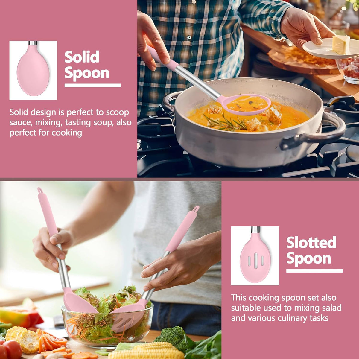 Pink Kitchen Cooking Utensil Set of 4, Slicone Head & Steel Body