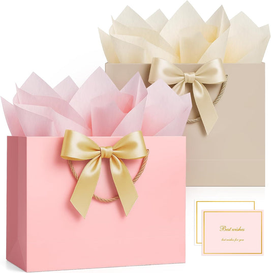 Pink & Beige Gift Bags Medium with Handles 2PCS for Wedding Birthday