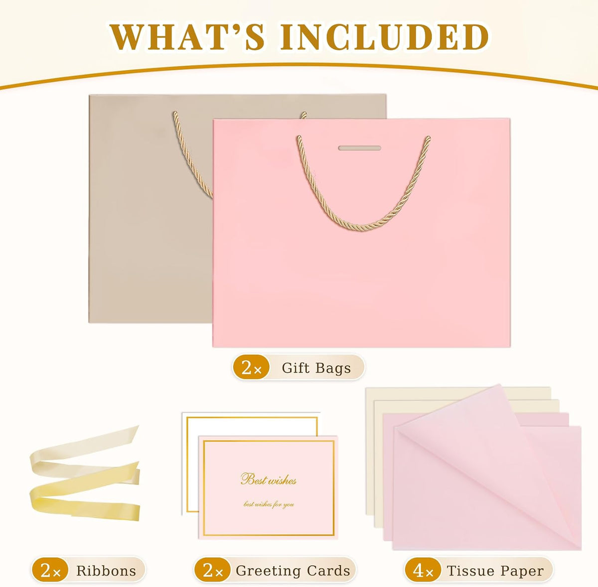Pink & Beige Gift Bags Medium with Handles 2PCS for Wedding Birthday
