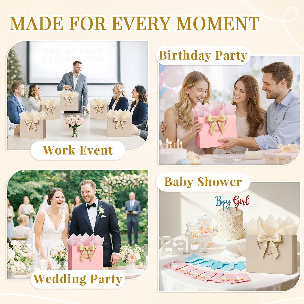Pink & Beige Gift Bags Medium with Handles 2PCS for Wedding Birthday