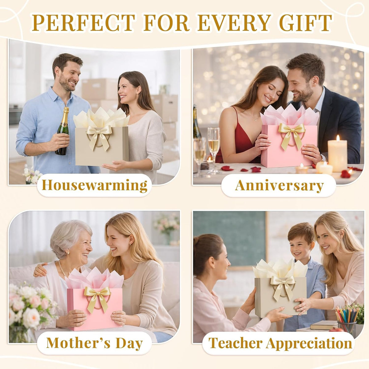Pink & Beige Gift Bags Medium with Handles 2PCS for Wedding Birthday