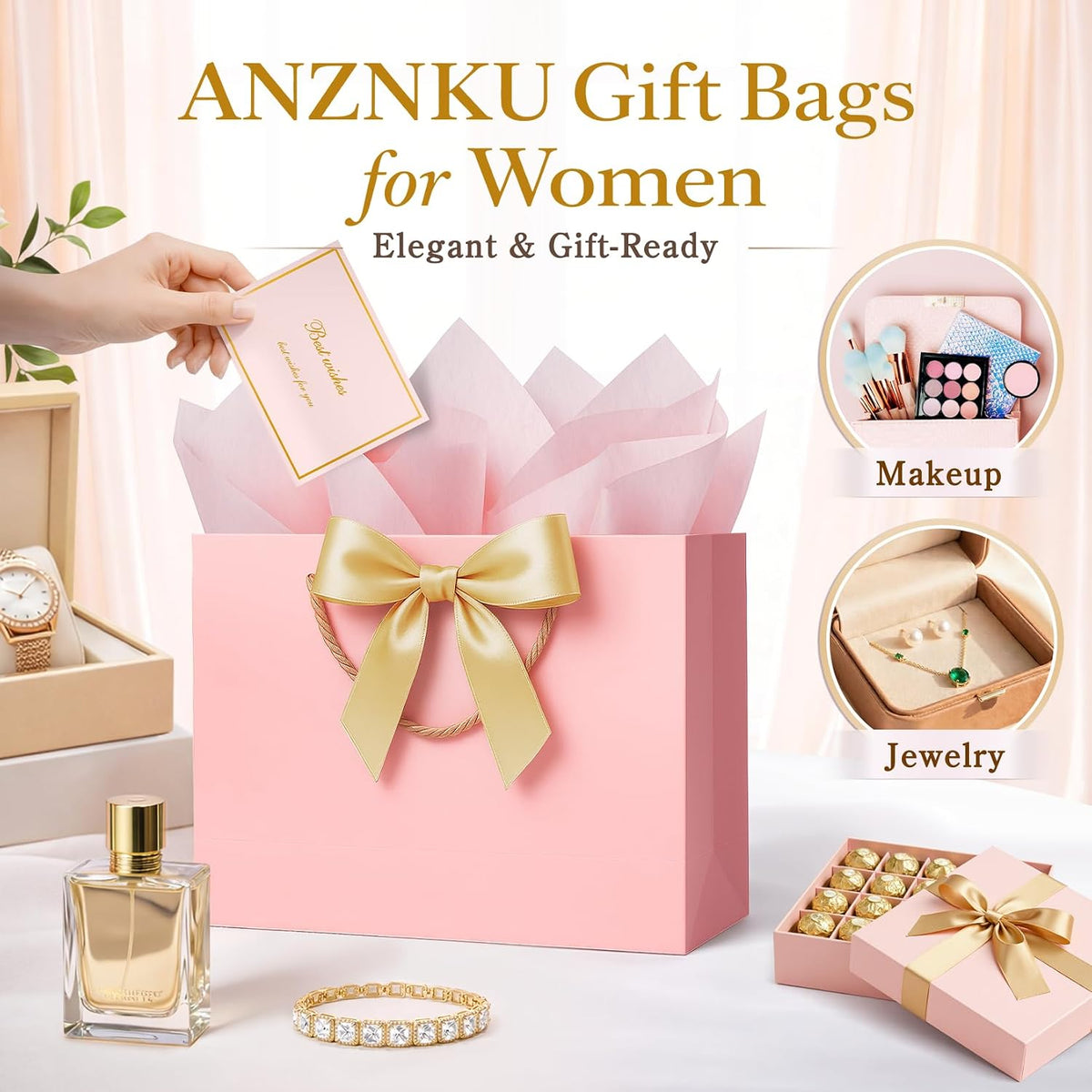 Pink & Beige Gift Bags Medium with Handles 2PCS for Wedding Birthday