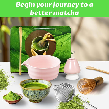 Matcha Set, 6 Pcs Matcha Whisk Set with 20 oz Bowl, Bamboo Whisk for Matcha Tea, Matcha Bowl, Ceramic Matcha whisk Holder, Stainless Sifter and Scoop - Gift for matcha kit Lovers（Pink）