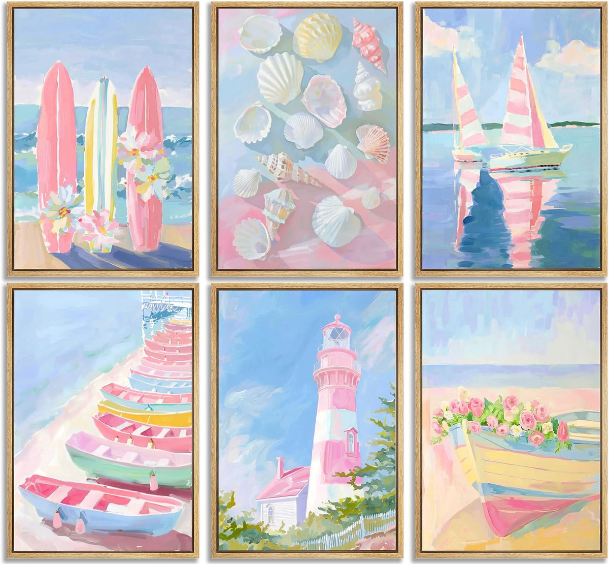Ruasuben 6 Pcs Pink Beach Preppy Wall Art, Pink Coasta Wall Decor, 8x10 In