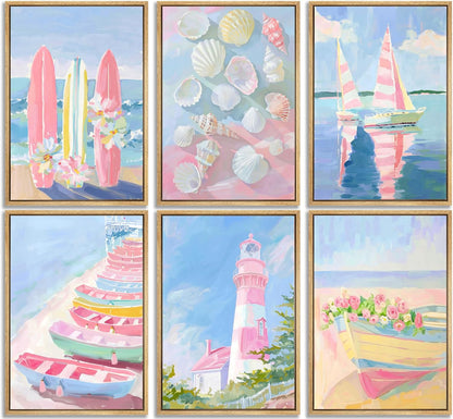 Ruasuben 6 Pcs Pink Beach Preppy Wall Art, Pink Coasta Wall Decor, 8x10 In