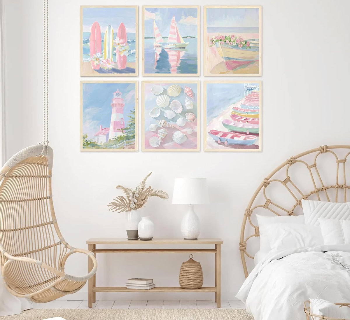 Ruasuben 6 Pcs Pink Beach Preppy Wall Art, Pink Coasta Wall Decor, 8x10 In