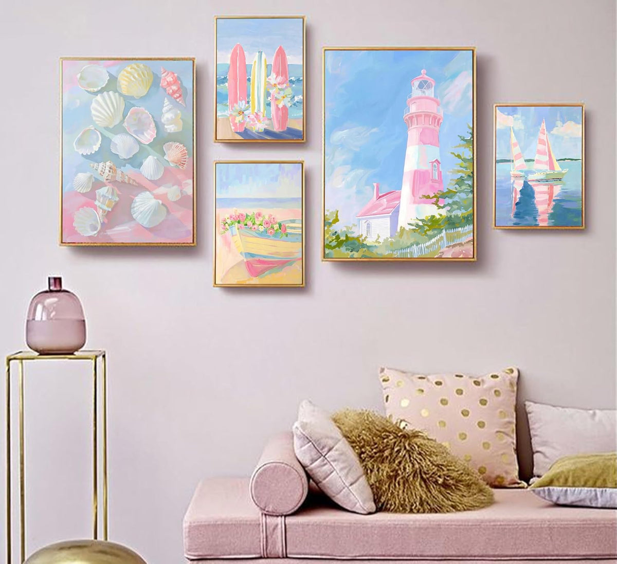 Ruasuben 6 Pcs Pink Beach Preppy Wall Art, Pink Coasta Wall Decor, 8x10 In