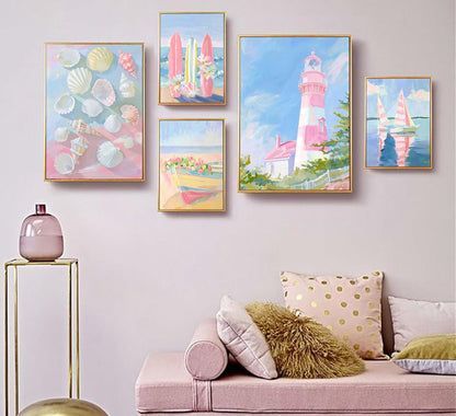 Ruasuben 6 Pcs Pink Beach Preppy Wall Art, Pink Coasta Wall Decor, 8x10 In