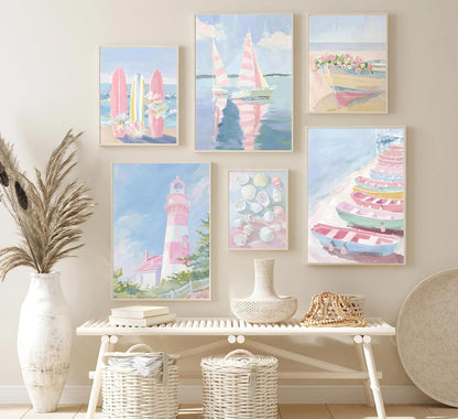 Ruasuben 6 Pcs Pink Beach Preppy Wall Art, Pink Coasta Wall Decor, 8x10 In