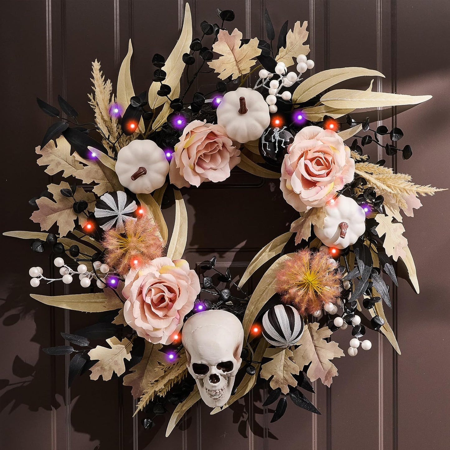 18" Halloween Wreath for Front Door Decor with Lights
