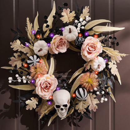 18" Halloween Wreath for Front Door Decor with Lights