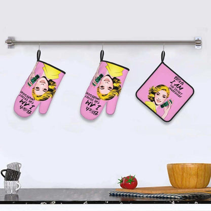 Cute Pink Oven Mitts and Pot Holders Set of 3, Heat Resistant Non-Slip Funny Hot Pad and Kitchen Gloves, Spring Funny Gifts for Cooking Lovers Women, Fun Kitchen Decor for Baking Cooking Grilling