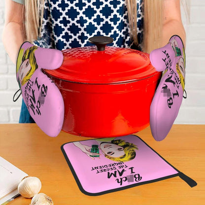 Cute Pink Oven Mitts and Pot Holders Set of 3, Heat Resistant Non-Slip Funny Hot Pad and Kitchen Gloves, Spring Funny Gifts for Cooking Lovers Women, Fun Kitchen Decor for Baking Cooking Grilling