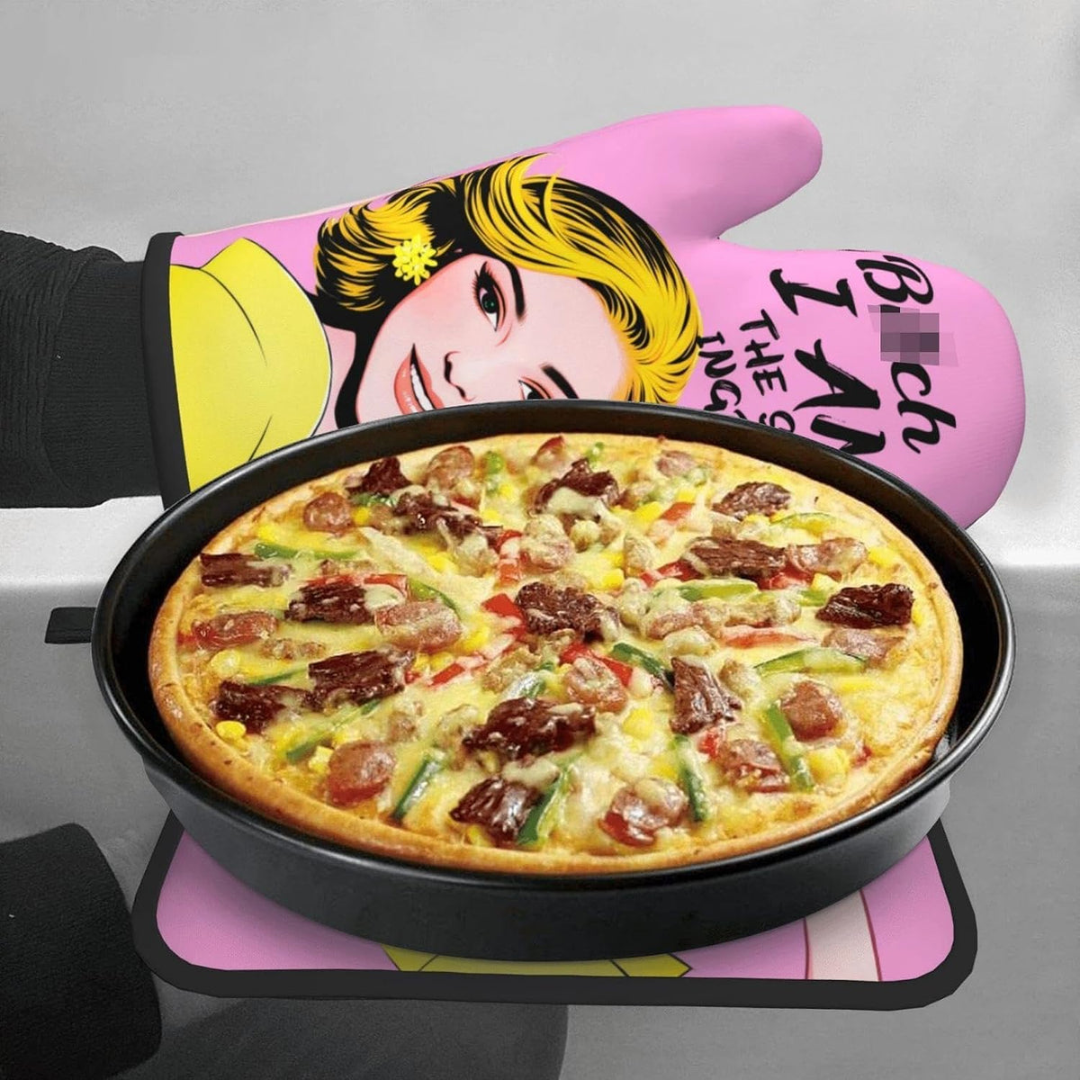 Cute Pink Oven Mitts and Pot Holders Set of 3, Heat Resistant Non-Slip Funny Hot Pad and Kitchen Gloves, Spring Funny Gifts for Cooking Lovers Women, Fun Kitchen Decor for Baking Cooking Grilling