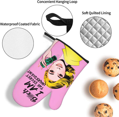 Cute Pink Oven Mitts and Pot Holders Set of 3, Heat Resistant Non-Slip Funny Hot Pad and Kitchen Gloves, Spring Funny Gifts for Cooking Lovers Women, Fun Kitchen Decor for Baking Cooking Grilling