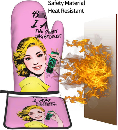 Cute Pink Oven Mitts and Pot Holders Set of 3, Heat Resistant Non-Slip Funny Hot Pad and Kitchen Gloves, Spring Funny Gifts for Cooking Lovers Women, Fun Kitchen Decor for Baking Cooking Grilling