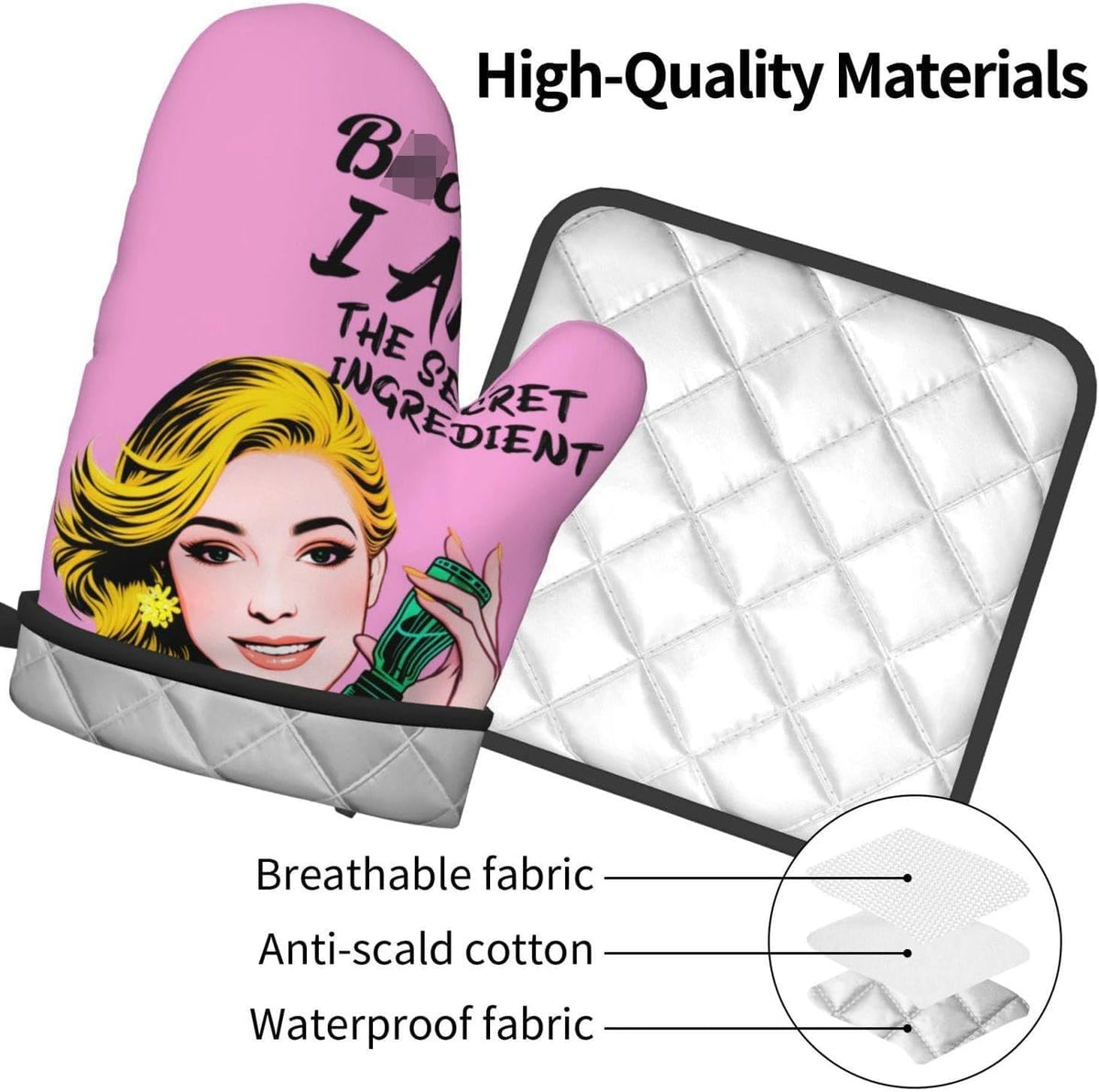 Cute Pink Oven Mitts and Pot Holders Set of 3, Heat Resistant Non-Slip Funny Hot Pad and Kitchen Gloves, Spring Funny Gifts for Cooking Lovers Women, Fun Kitchen Decor for Baking Cooking Grilling