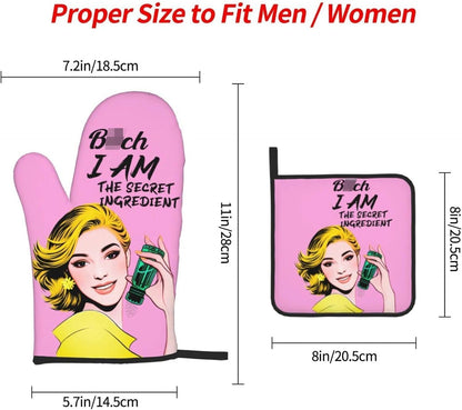 Cute Pink Oven Mitts and Pot Holders Set of 3, Heat Resistant Non-Slip Funny Hot Pad and Kitchen Gloves, Spring Funny Gifts for Cooking Lovers Women, Fun Kitchen Decor for Baking Cooking Grilling