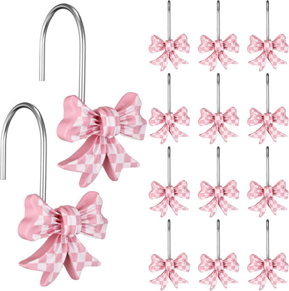 12 Pcs Bow Shape Shower Curtain Hooks, Gingham Checkered Pattern Bowknot Curtain Rings with Rust-Proof Finish, Decorative Hooks for Bathroom Window Drapes, Cute Home Decor(Pink,White)