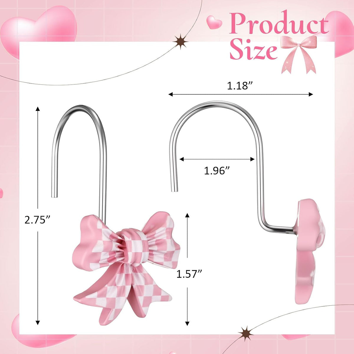 12 Pcs Bow Shape Shower Curtain Hooks, Gingham Checkered Pattern Bowknot Curtain Rings with Rust-Proof Finish, Decorative Hooks for Bathroom Window Drapes, Cute Home Decor(Pink,White)