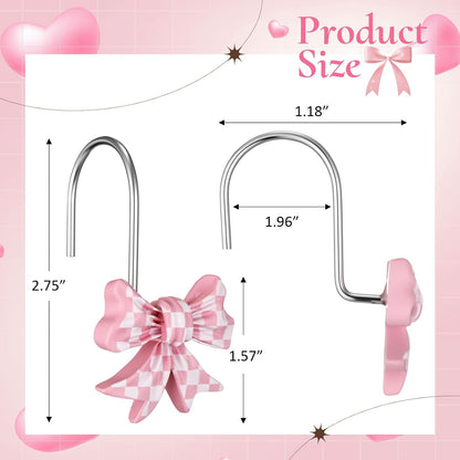 12 Pcs Bow Shape Shower Curtain Hooks, Gingham Checkered Pattern Bowknot Curtain Rings with Rust-Proof Finish, Decorative Hooks for Bathroom Window Drapes, Cute Home Decor(Pink,White)