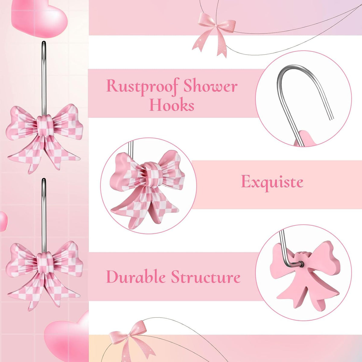 12 Pcs Bow Shape Shower Curtain Hooks, Gingham Checkered Pattern Bowknot Curtain Rings with Rust-Proof Finish, Decorative Hooks for Bathroom Window Drapes, Cute Home Decor(Pink,White)