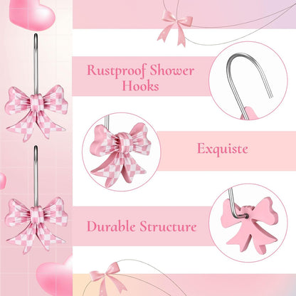 12 Pcs Bow Shape Shower Curtain Hooks, Gingham Checkered Pattern Bowknot Curtain Rings with Rust-Proof Finish, Decorative Hooks for Bathroom Window Drapes, Cute Home Decor(Pink,White)