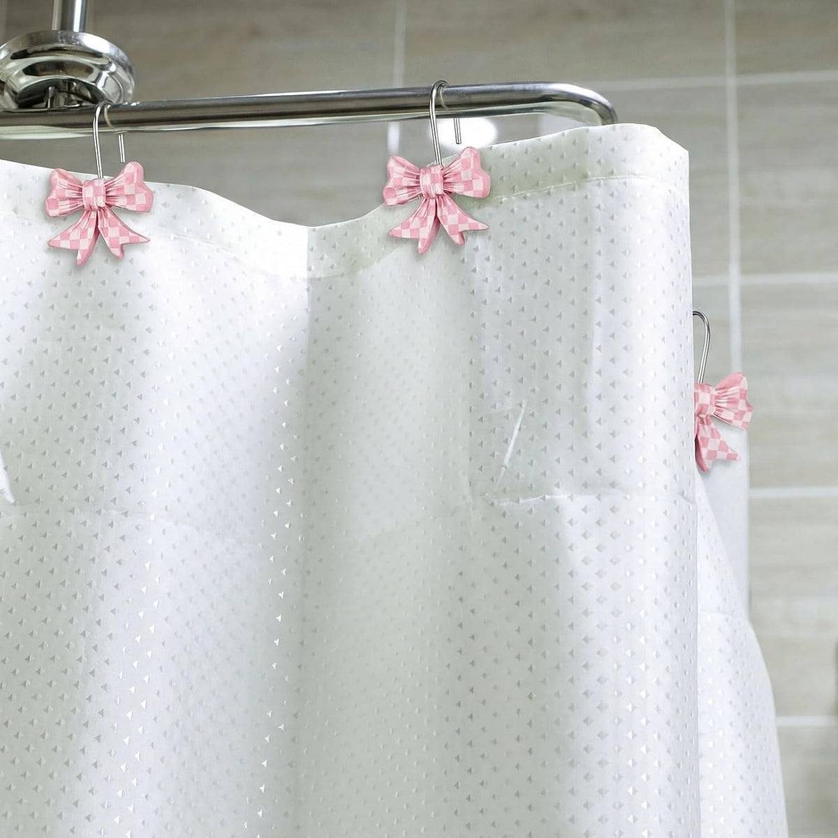 12 Pcs Bow Shape Shower Curtain Hooks, Gingham Checkered Pattern Bowknot Curtain Rings with Rust-Proof Finish, Decorative Hooks for Bathroom Window Drapes, Cute Home Decor(Pink,White)