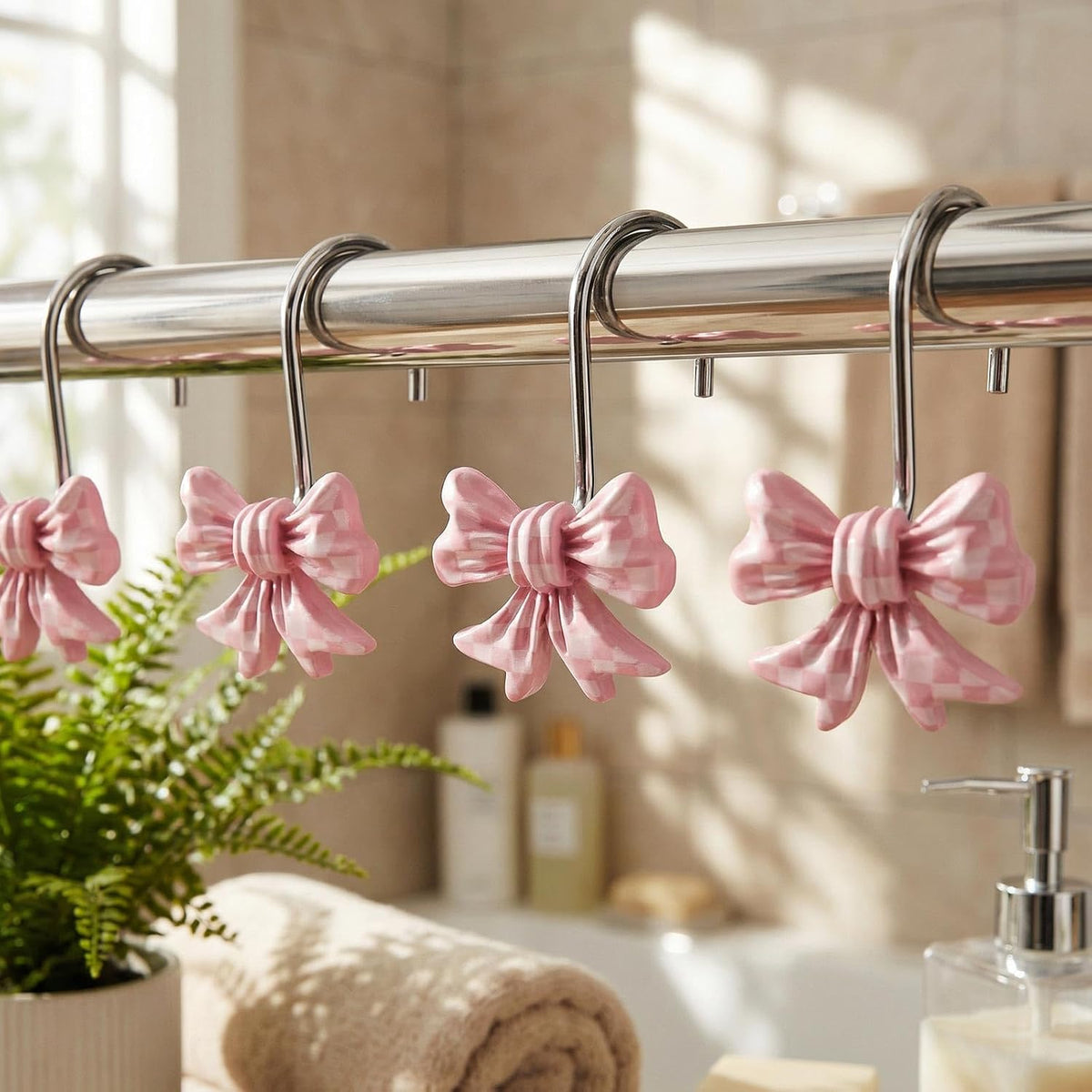 12 Pcs Bow Shape Shower Curtain Hooks, Gingham Checkered Pattern Bowknot Curtain Rings with Rust-Proof Finish, Decorative Hooks for Bathroom Window Drapes, Cute Home Decor(Pink,White)