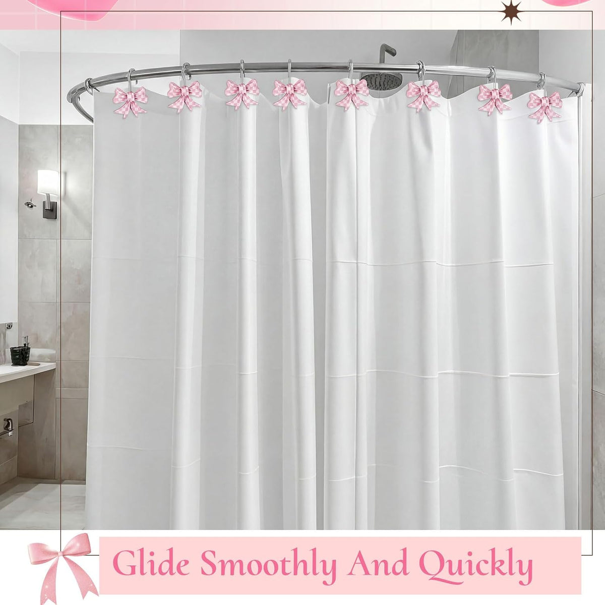 12 Pcs Bow Shape Shower Curtain Hooks, Gingham Checkered Pattern Bowknot Curtain Rings with Rust-Proof Finish, Decorative Hooks for Bathroom Window Drapes, Cute Home Decor(Pink,White)