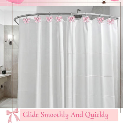 12 Pcs Bow Shape Shower Curtain Hooks, Gingham Checkered Pattern Bowknot Curtain Rings with Rust-Proof Finish, Decorative Hooks for Bathroom Window Drapes, Cute Home Decor(Pink,White)