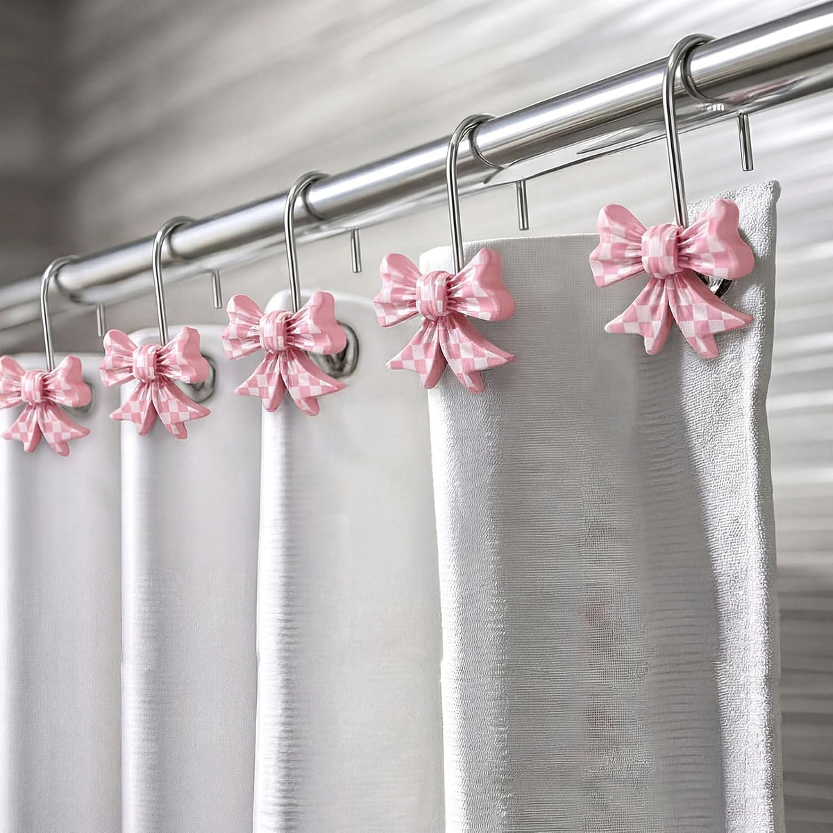 12 Pcs Bow Shape Shower Curtain Hooks, Gingham Checkered Pattern Bowknot Curtain Rings with Rust-Proof Finish, Decorative Hooks for Bathroom Window Drapes, Cute Home Decor(Pink,White)