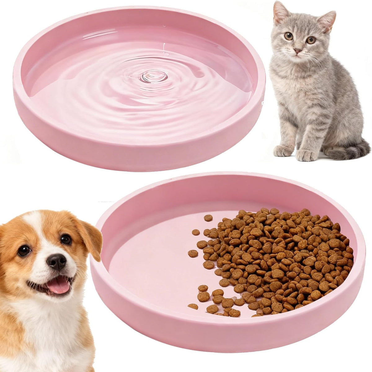 2 Pcs Silicone Cat Bowls 7″ Flat Dog Bowls Non-Slip Shallow Puppy Plates Relief Whisker Fatigue Pet Dishes Set for Dry ＆ Wet Food, Pink
