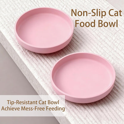 2 Pcs Silicone Cat Bowls 7″ Flat Dog Bowls Non-Slip Shallow Puppy Plates Relief Whisker Fatigue Pet Dishes Set for Dry ＆ Wet Food, Pink