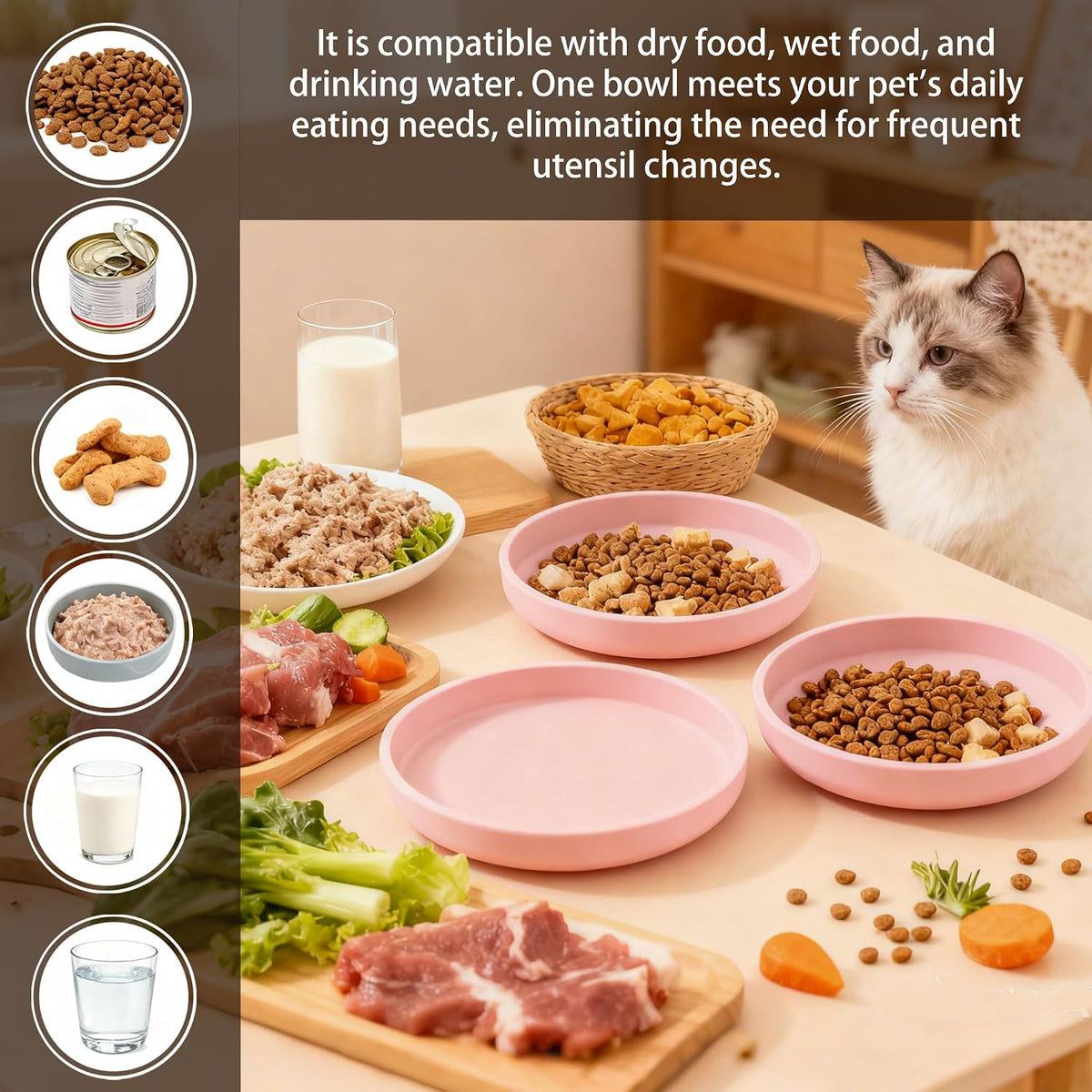 2 Pcs Silicone Cat Bowls 7″ Flat Dog Bowls Non-Slip Shallow Puppy Plates Relief Whisker Fatigue Pet Dishes Set for Dry ＆ Wet Food, Pink