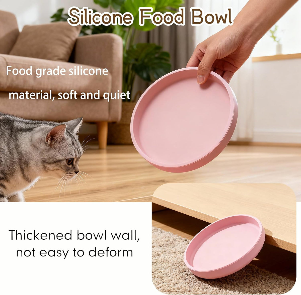 2 Pcs Silicone Cat Bowls 7″ Flat Dog Bowls Non-Slip Shallow Puppy Plates Relief Whisker Fatigue Pet Dishes Set for Dry ＆ Wet Food, Pink