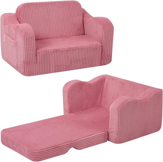 Kids Couch, Pink Corduroy 2-in-1 Fold Out Sofa Chair for Girls