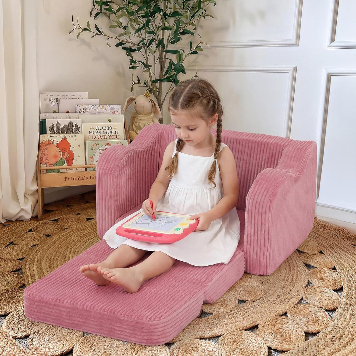 Kids Couch, Pink Corduroy 2-in-1 Fold Out Sofa Chair for Girls